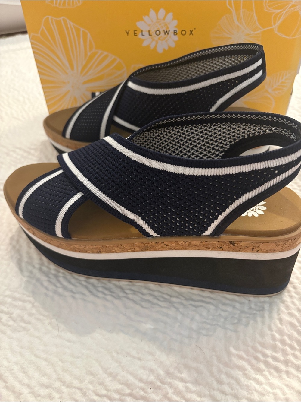 Yellow Box Airlee Navy White Cork Platform Sandals Wedges 7.5